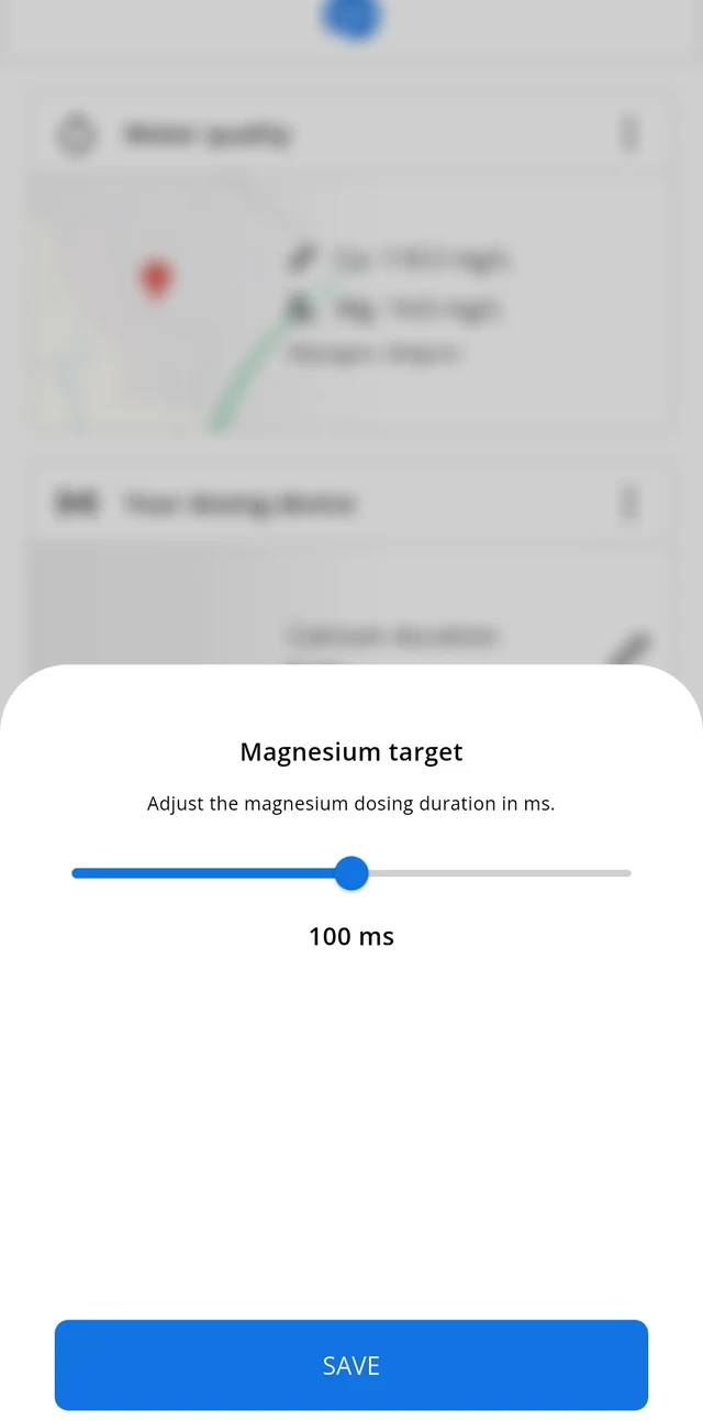 A slider setting the magnesium dosing duration to 100 milliseconds.