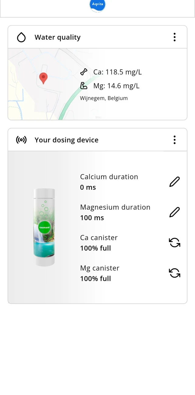 The app home screen showing water quality at the point of use and the level of each mineral canister.