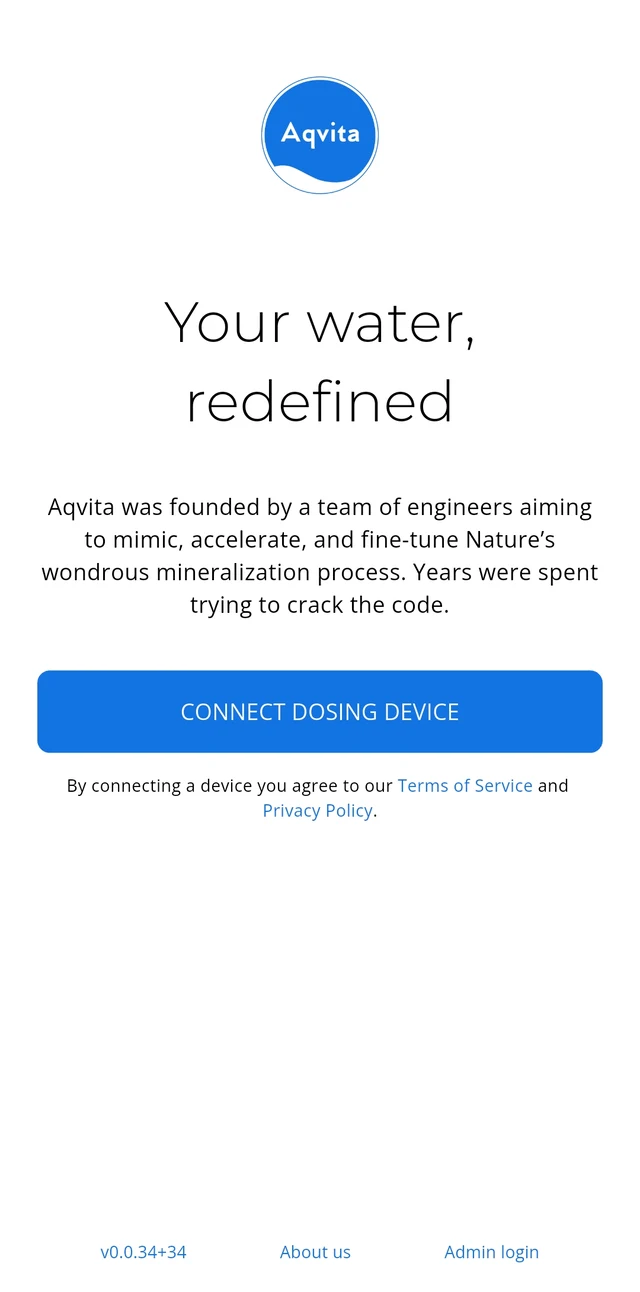 The Aqvita app opening screen, reading Your water, redefined, with a button to connect a dosing device.